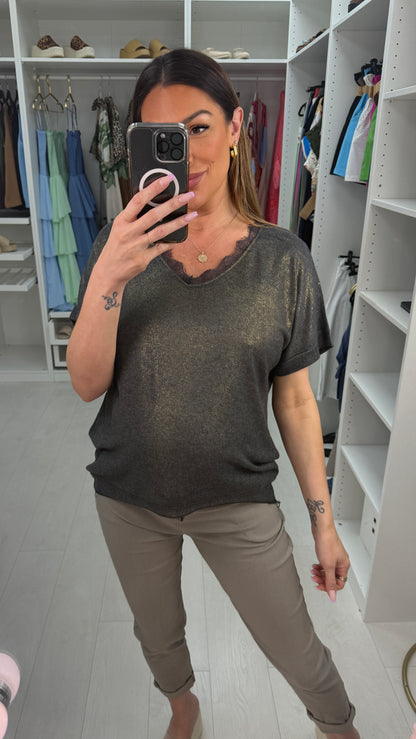 Camryn Plain Lace Detail Lurex T-Shirt