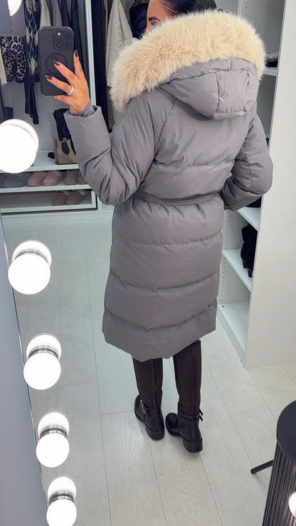 River Faux Fur Hooded Belted Longline Coat