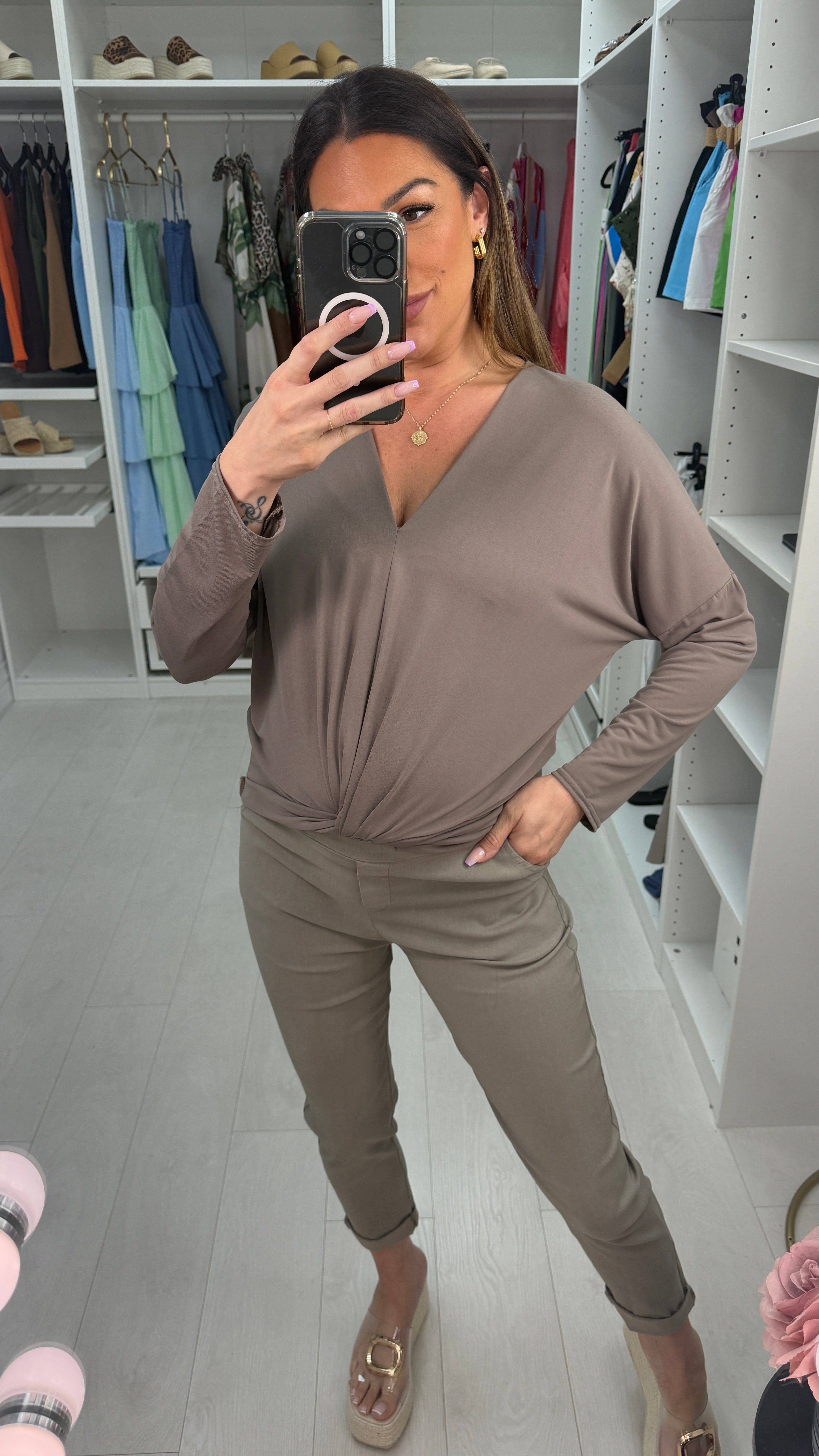 Harietta Plain V Neck Twist Detail Top