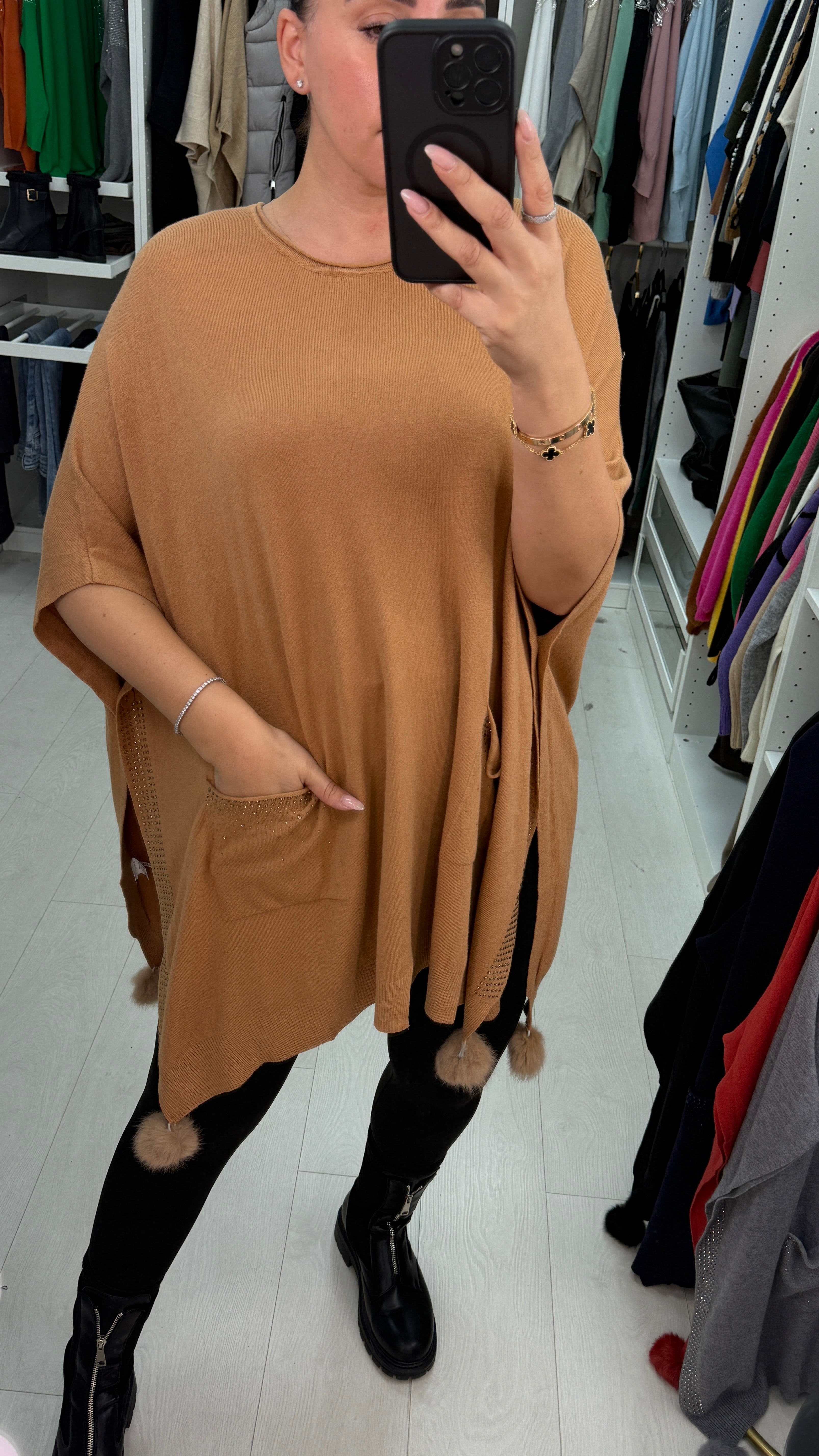 Fauna Plain Diamante Detail Poncho Jumper