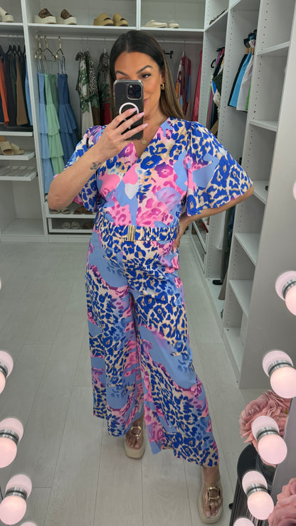 Carina Animal Print V Neck Wide Leg Belted Jumpsuit