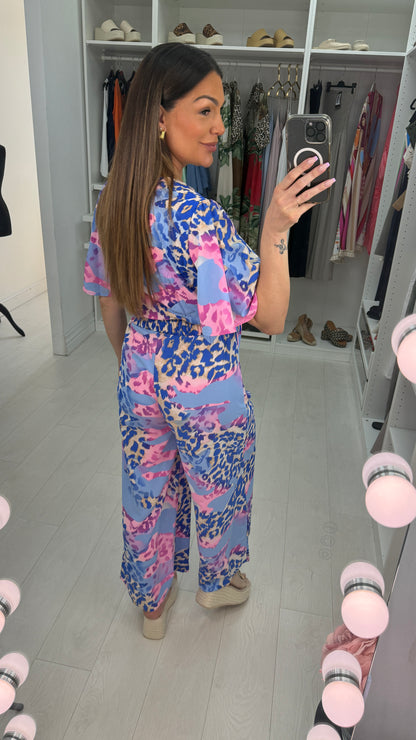 Carina Animal Print V Neck Wide Leg Belted Jumpsuit