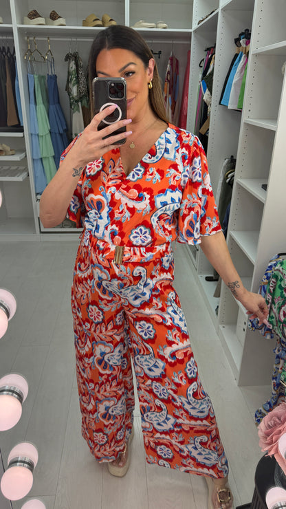 Dakota Floral Print V Neck Wide Leg Belted Jumpsuit