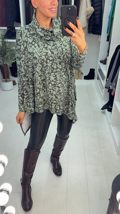Adalina Floral Print Cowl Neck Loose Fit Jumper