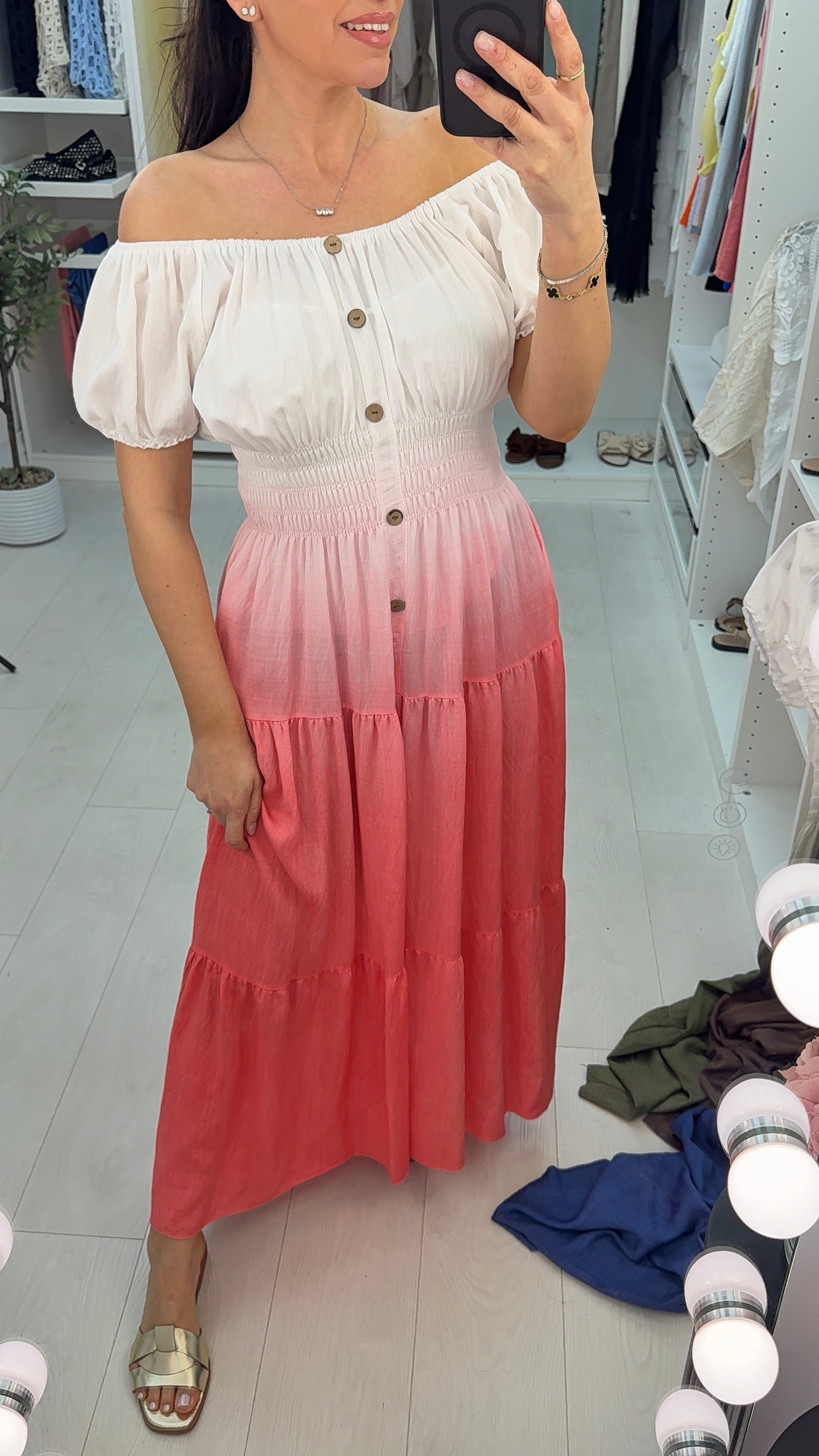 Annalisa Button Detailed Short Sleeve Ombre Maxi Dress