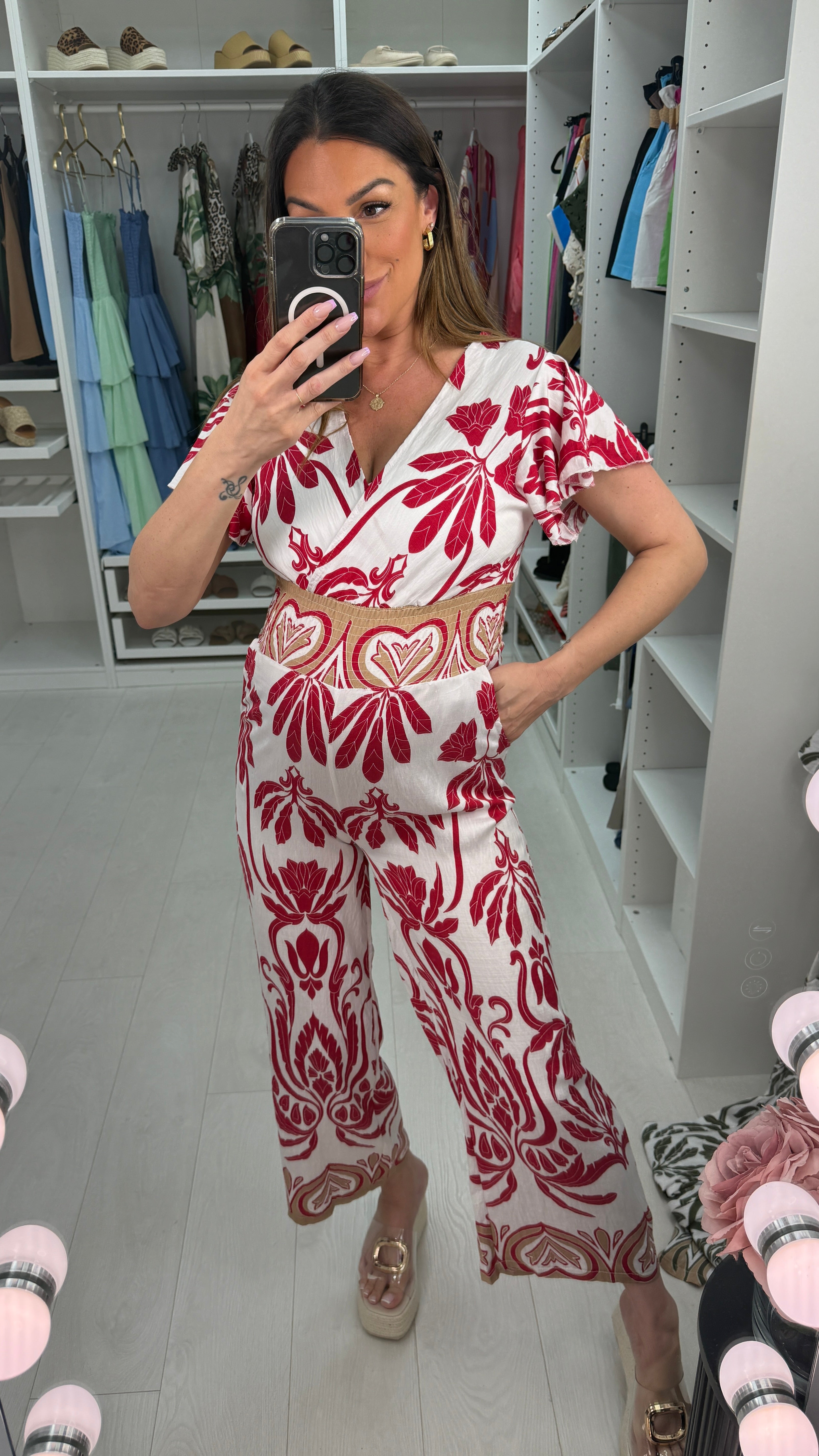 Aster Abstract Print Shirred Waist Wide Leg Jumpsuit