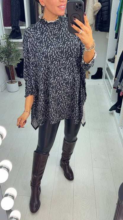 Tessy Abstract Print Loose Fit Asymmetric Jumper