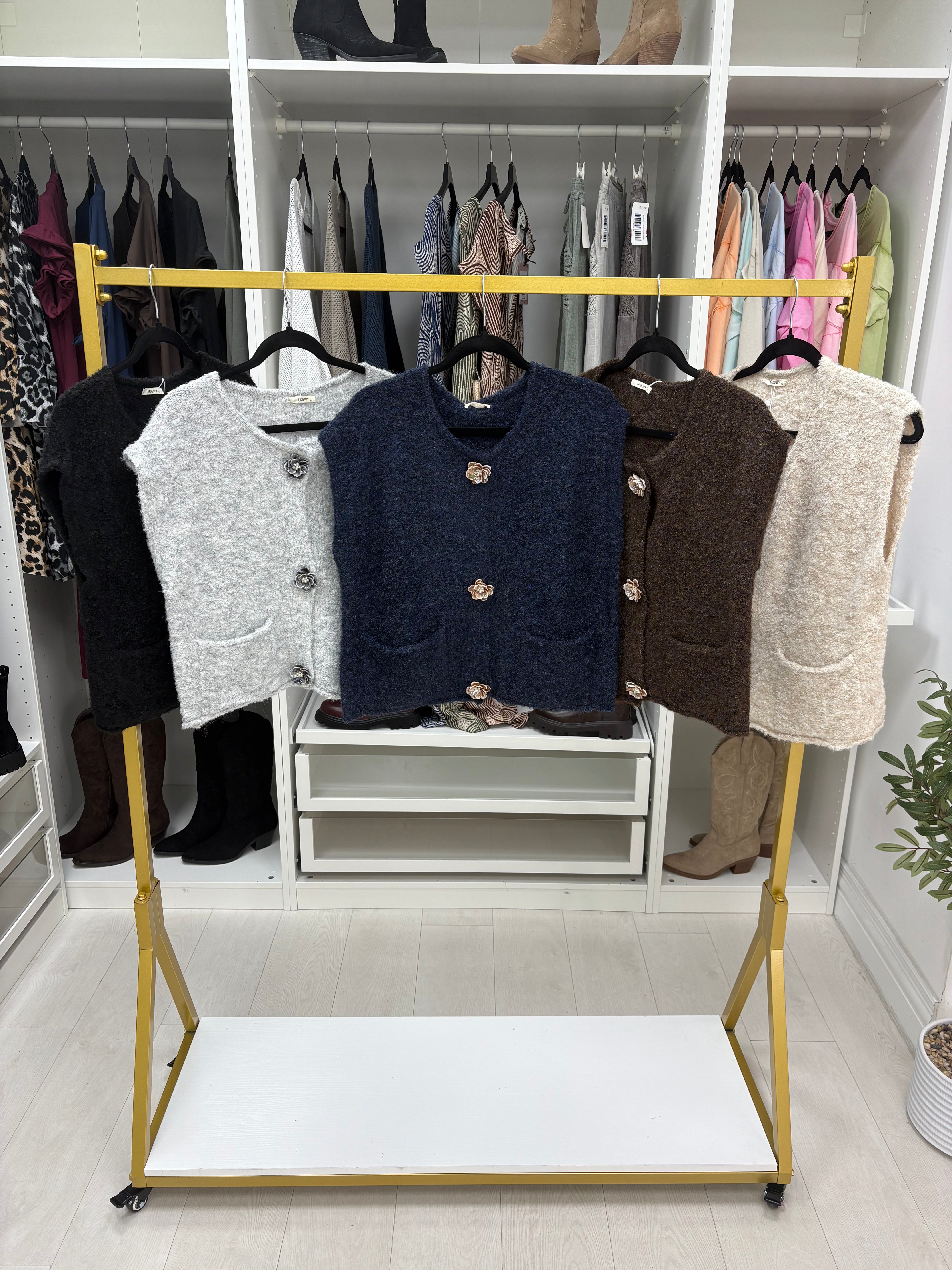 Lorella Plain Floral Button Detail Sleeveless Knit Cardigan