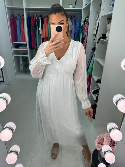 Roseeta Silk Sheer Sleeve V Neck Dress