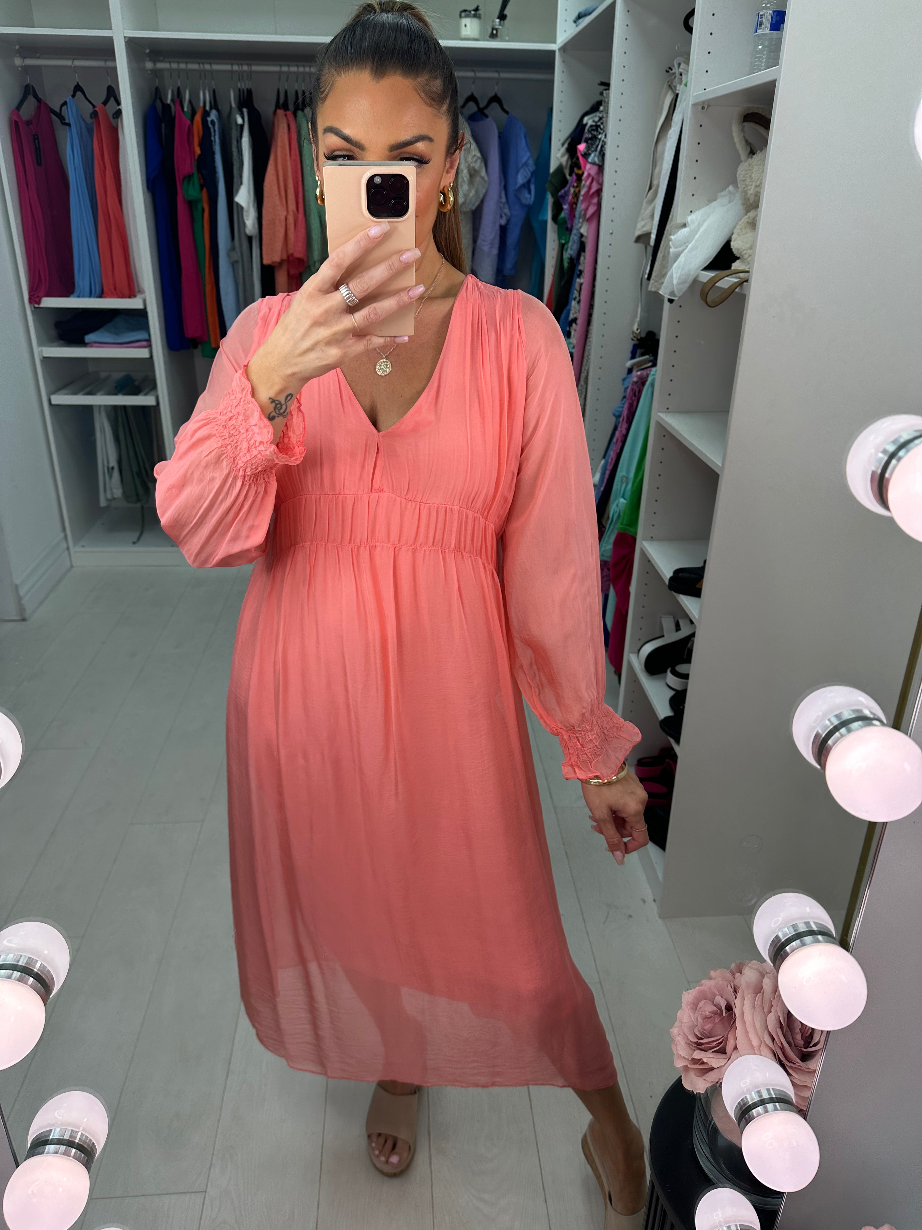 Roseeta Silk Sheer Sleeve V Neck Dress