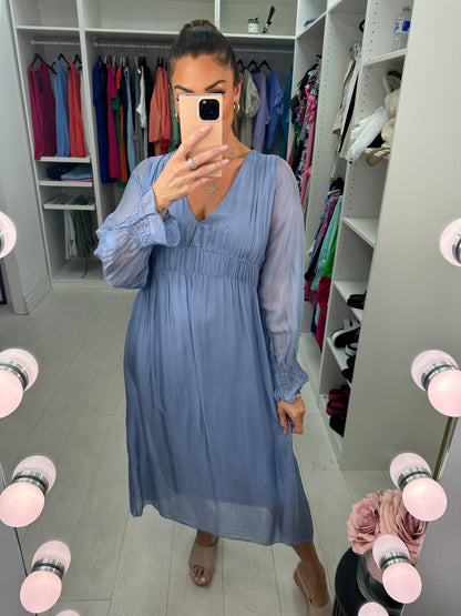 Roseeta Silk Sheer Sleeve V Neck Dress