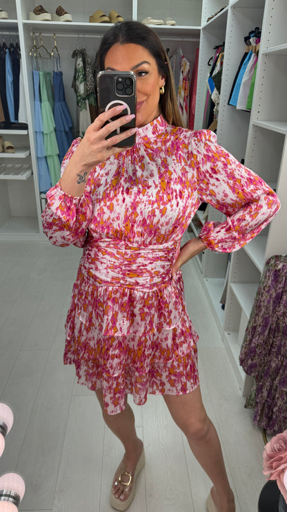 Nixie Abstract Print High Neck Tiered Midi Dress