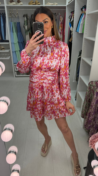 Nixie Abstract Print High Neck Tiered Midi Dress