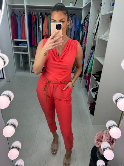 Lunita Stretch Drape Neck Belted Jumpsuit