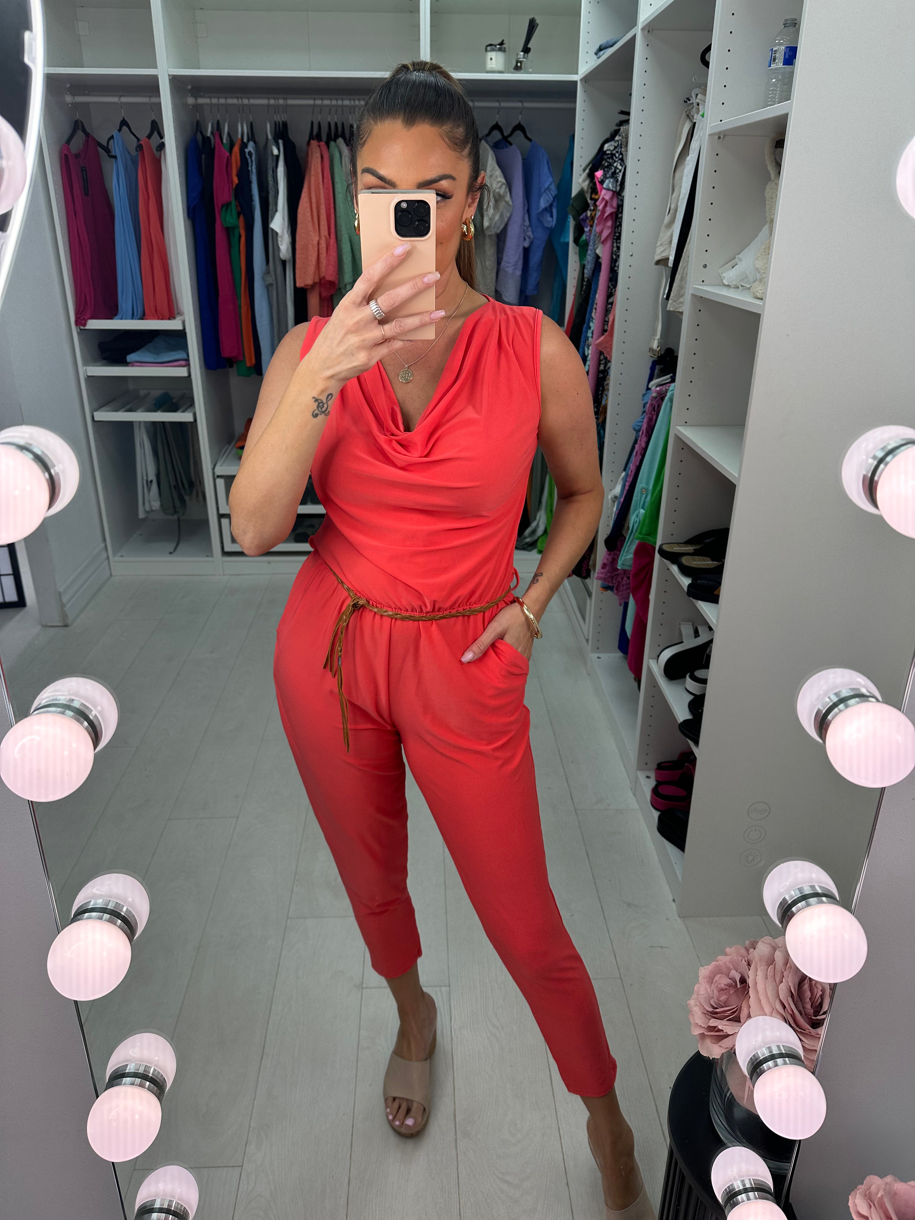Lunita Stretch Drape Neck Belted Jumpsuit