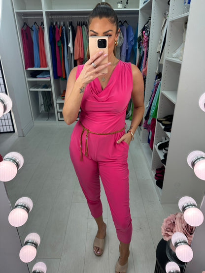 Lunita Stretch Drape Neck Belted Jumpsuit