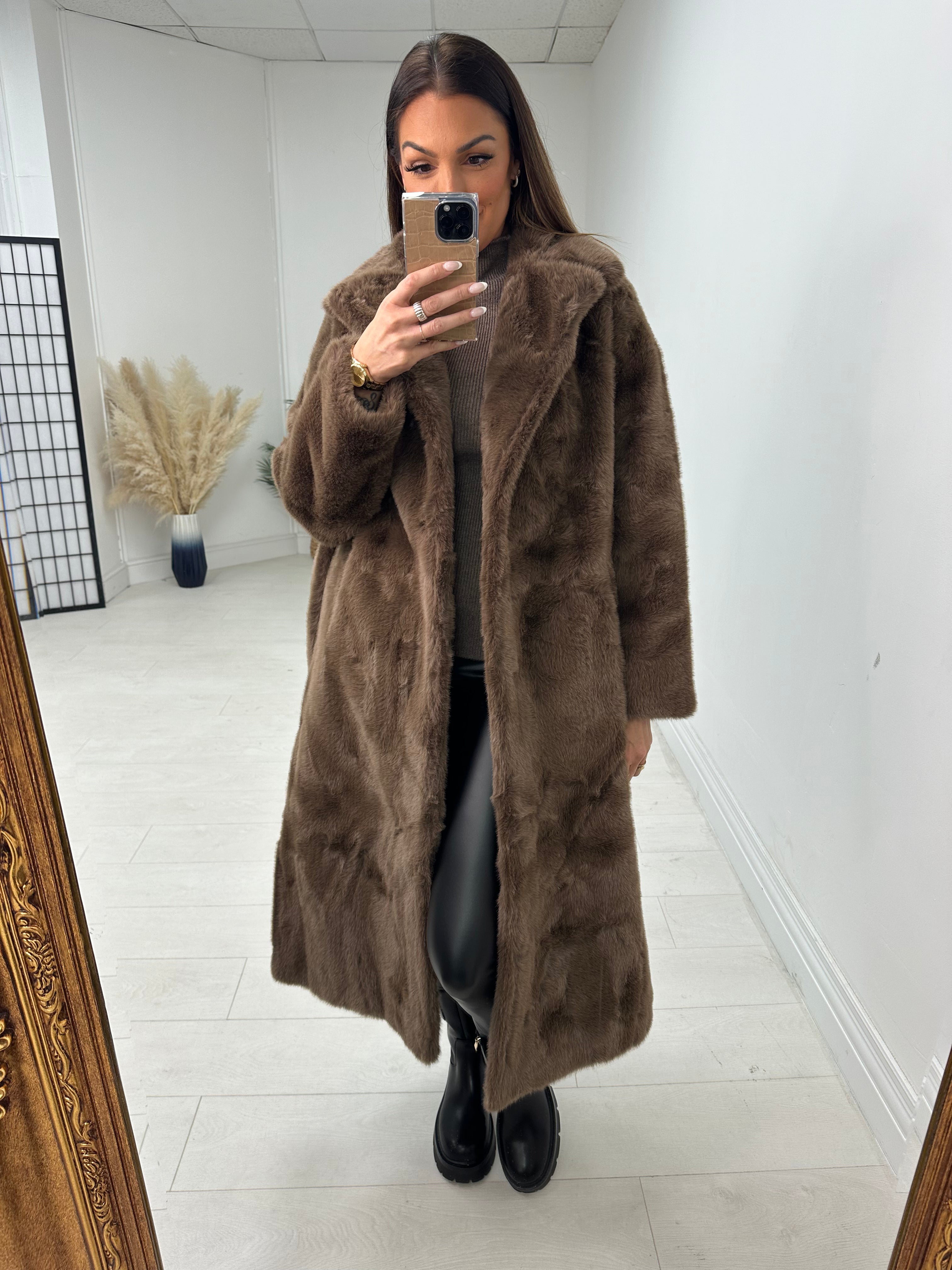 Michelle Faux Fur Belted Long Coat