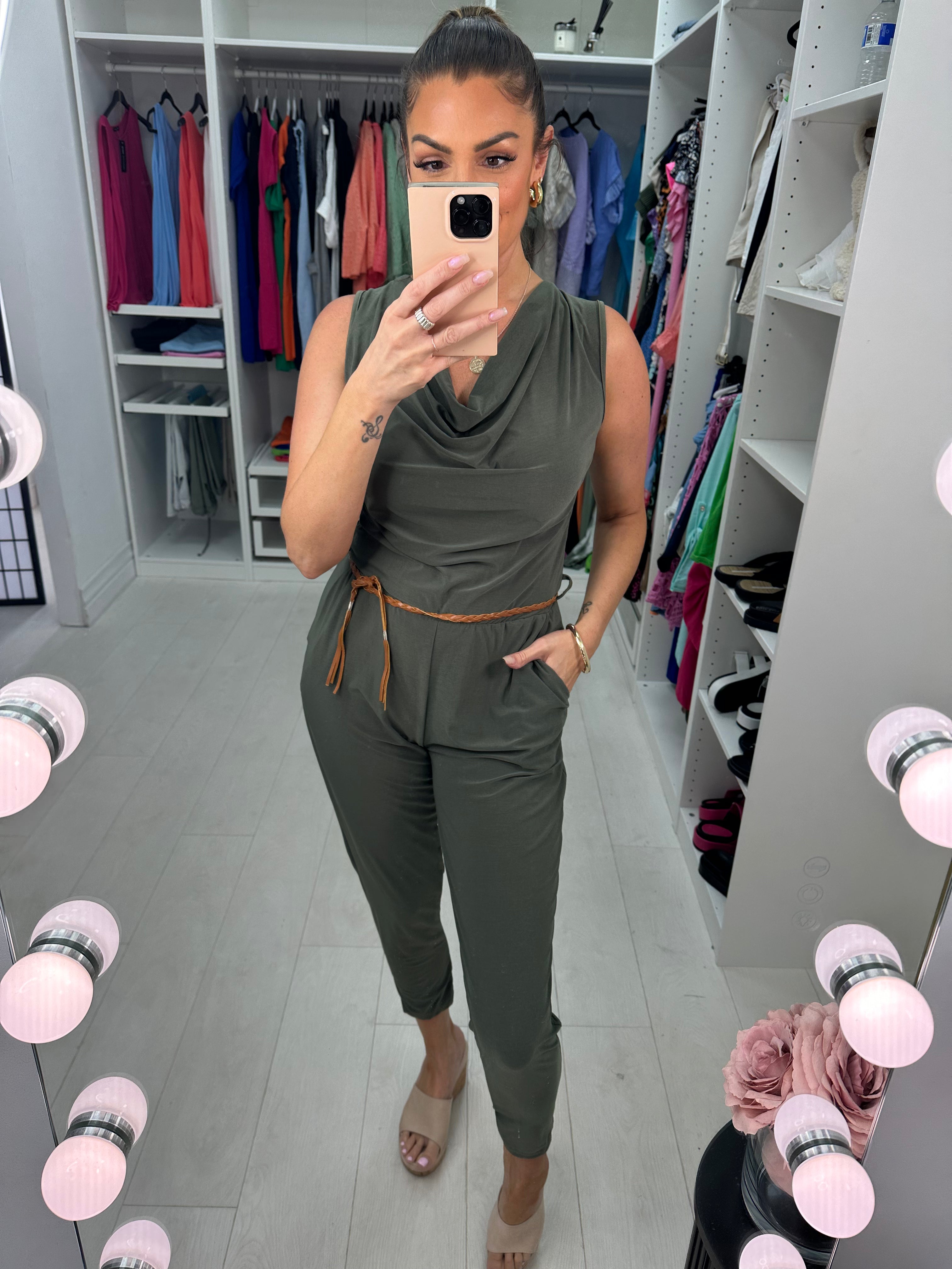 Lunita Stretch Drape Neck Belted Jumpsuit