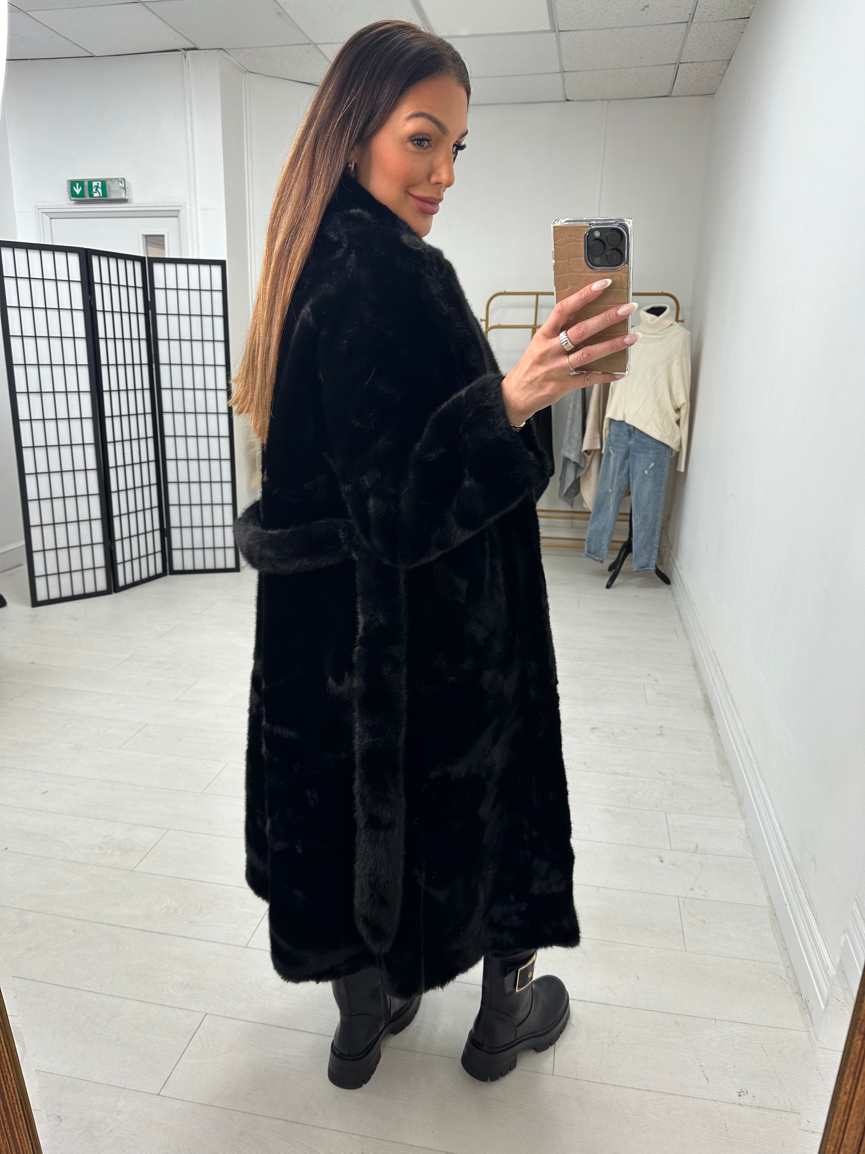 Michelle Faux Fur Belted Long Coat