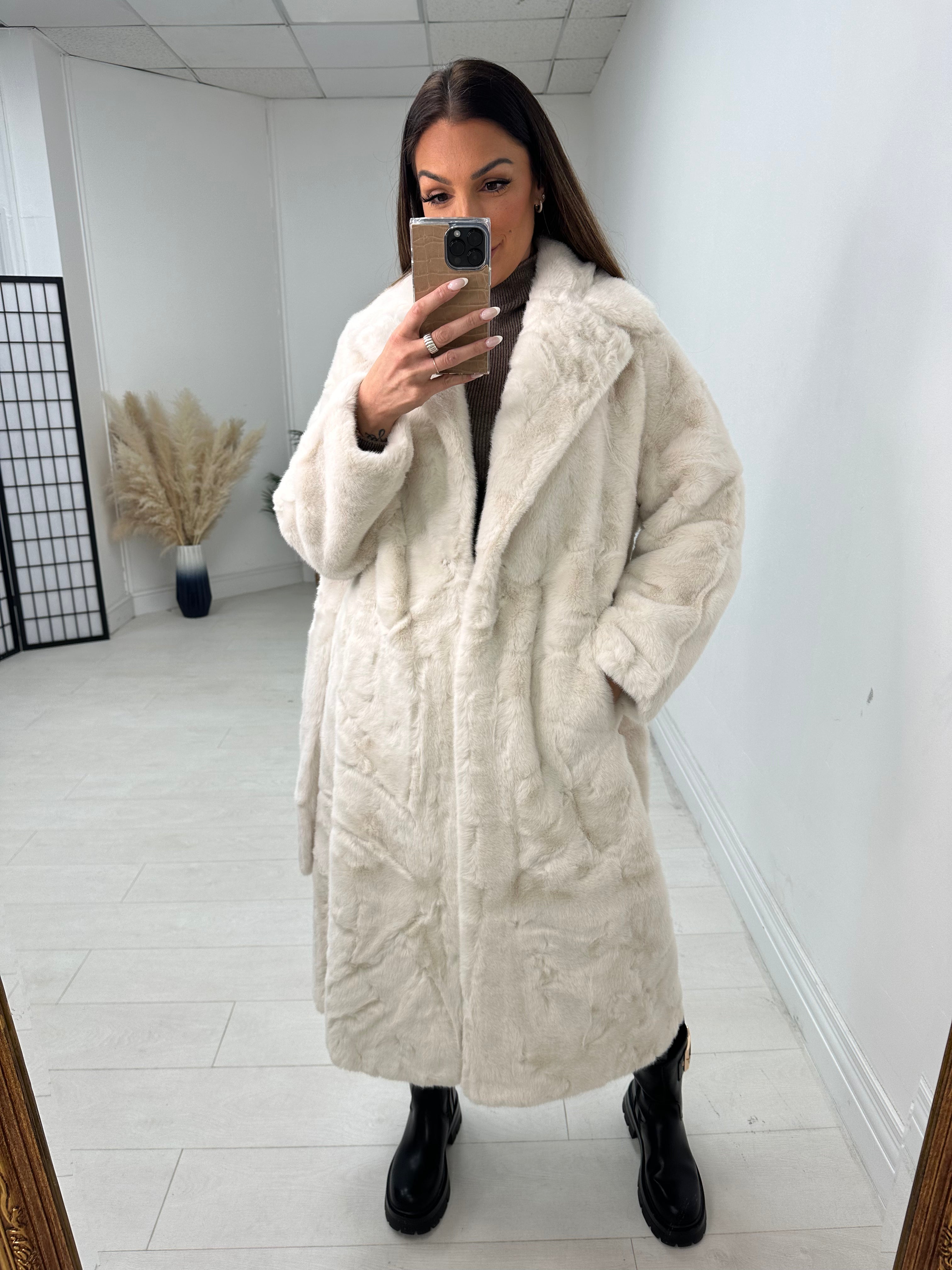 Michelle Faux Fur Belted Long Coat