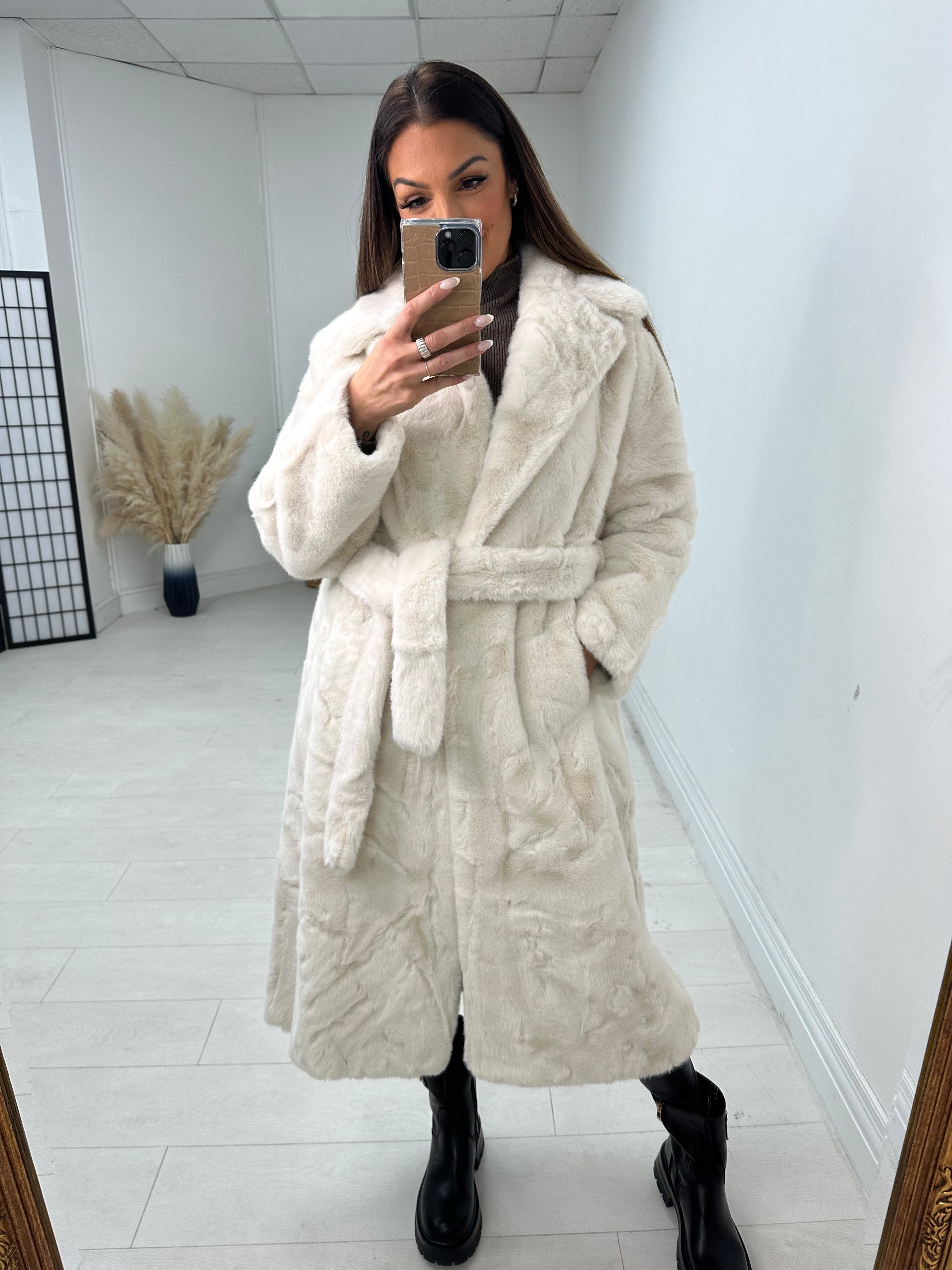 Michelle Faux Fur Belted Long Coat
