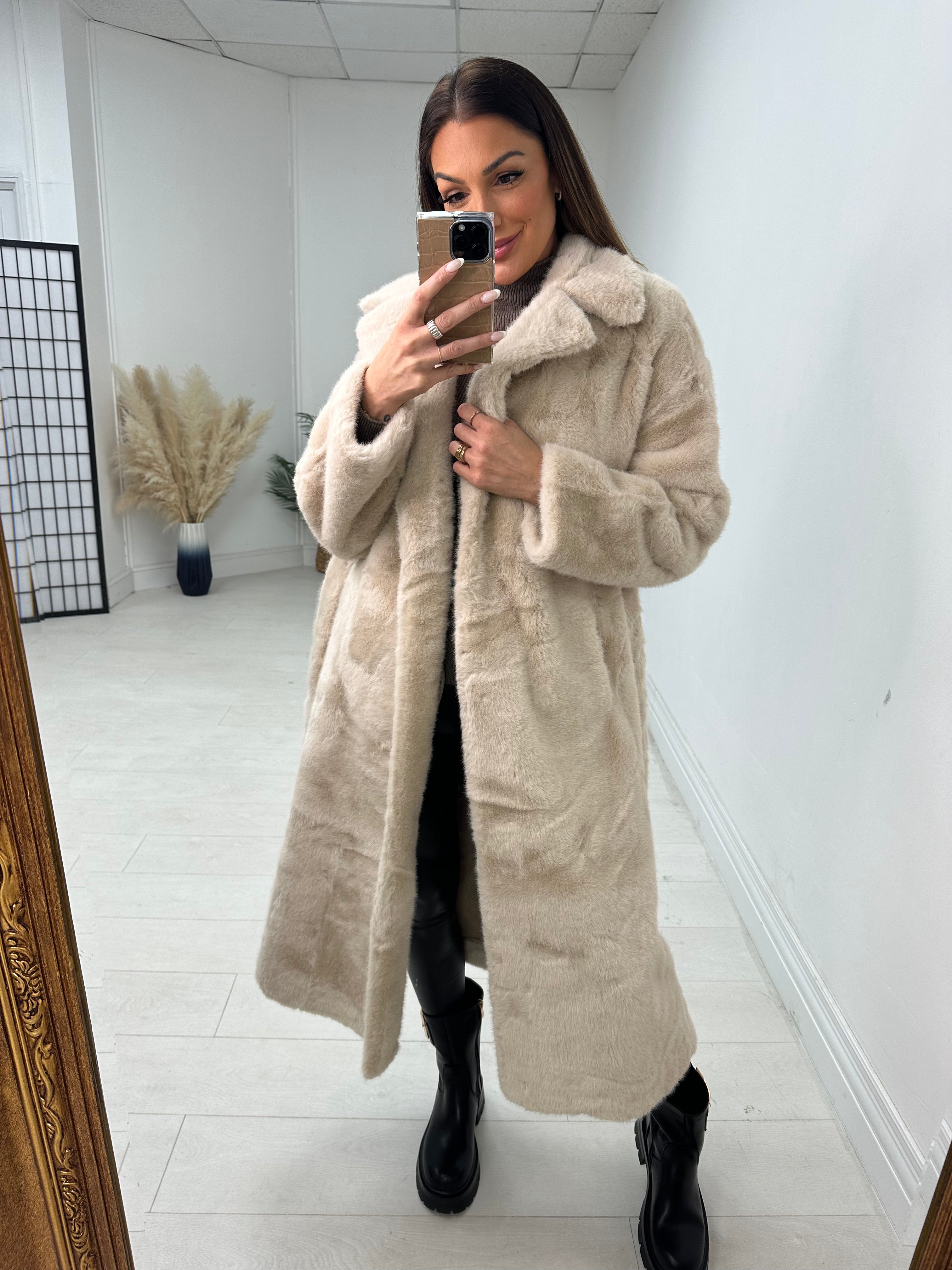 Michelle Faux Fur Belted Long Coat
