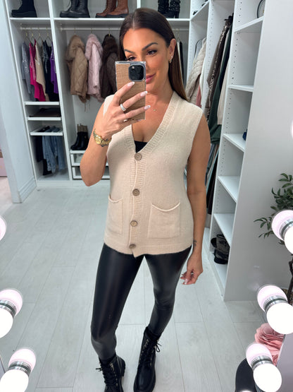 Dominique Sleeveless Pocket Knit Cardigan
