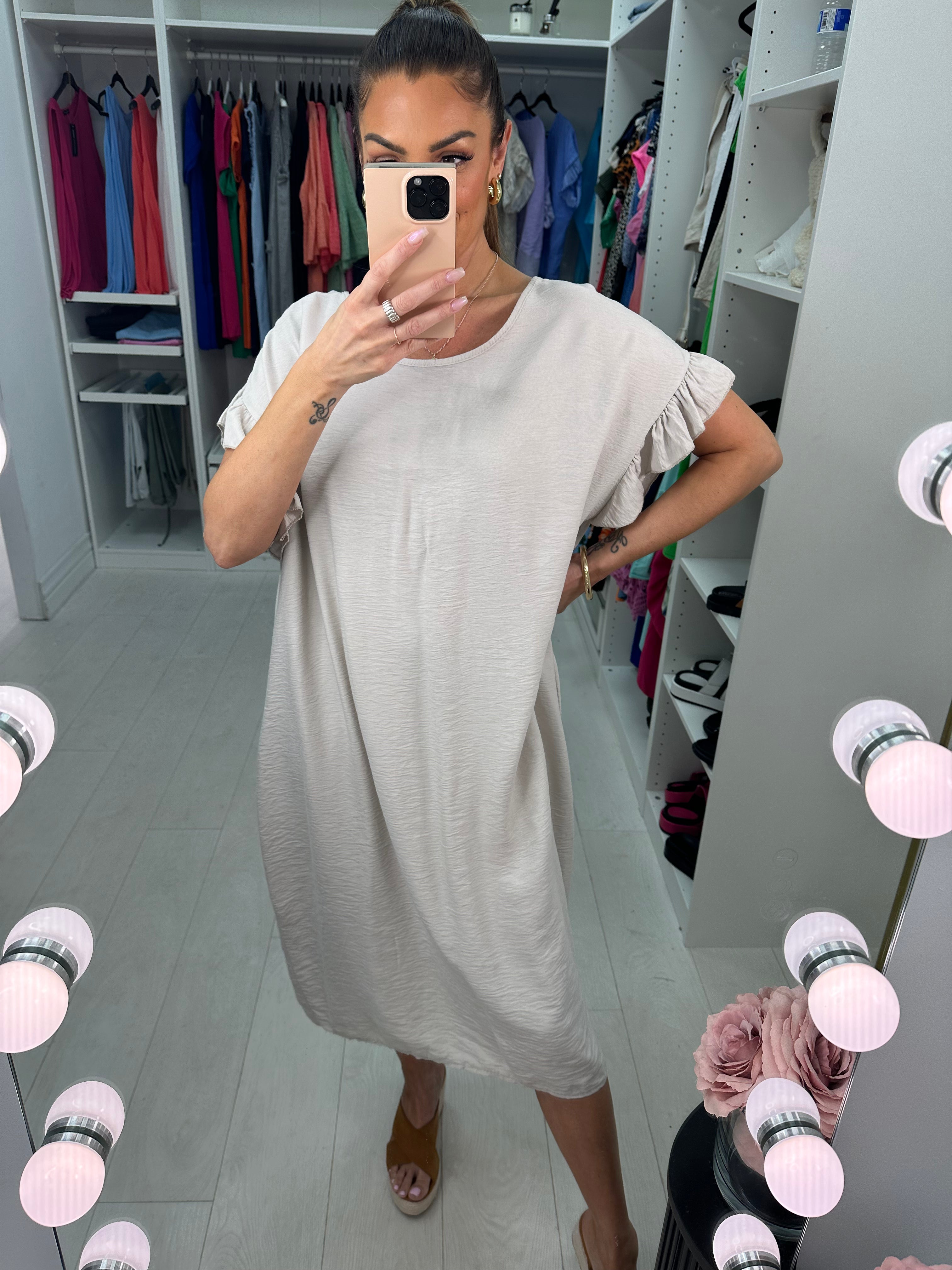 Zambia Crepe Frill Sleeve Midi Dress