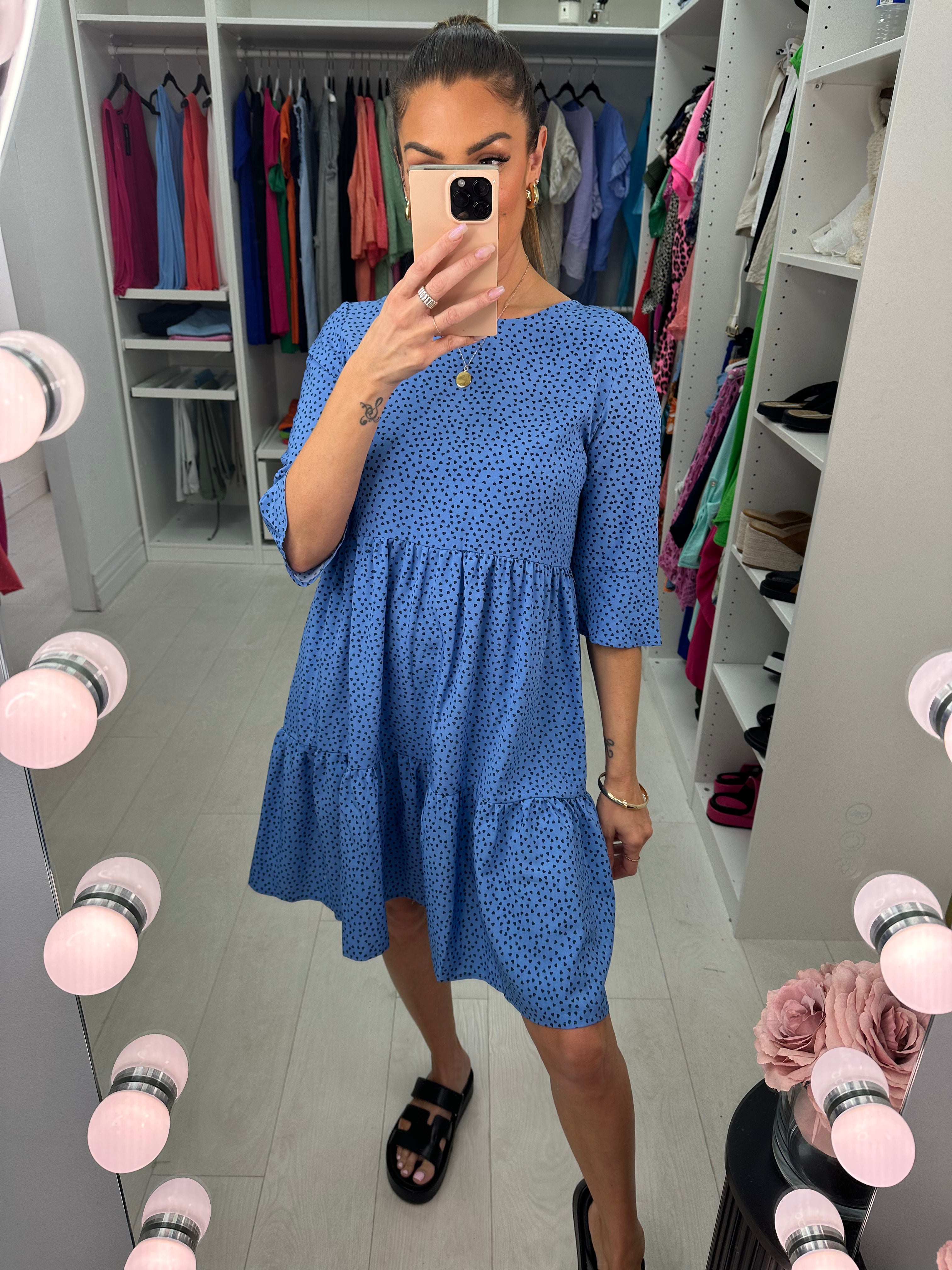 Leman Heart Print Tiered Hem Smock Dress