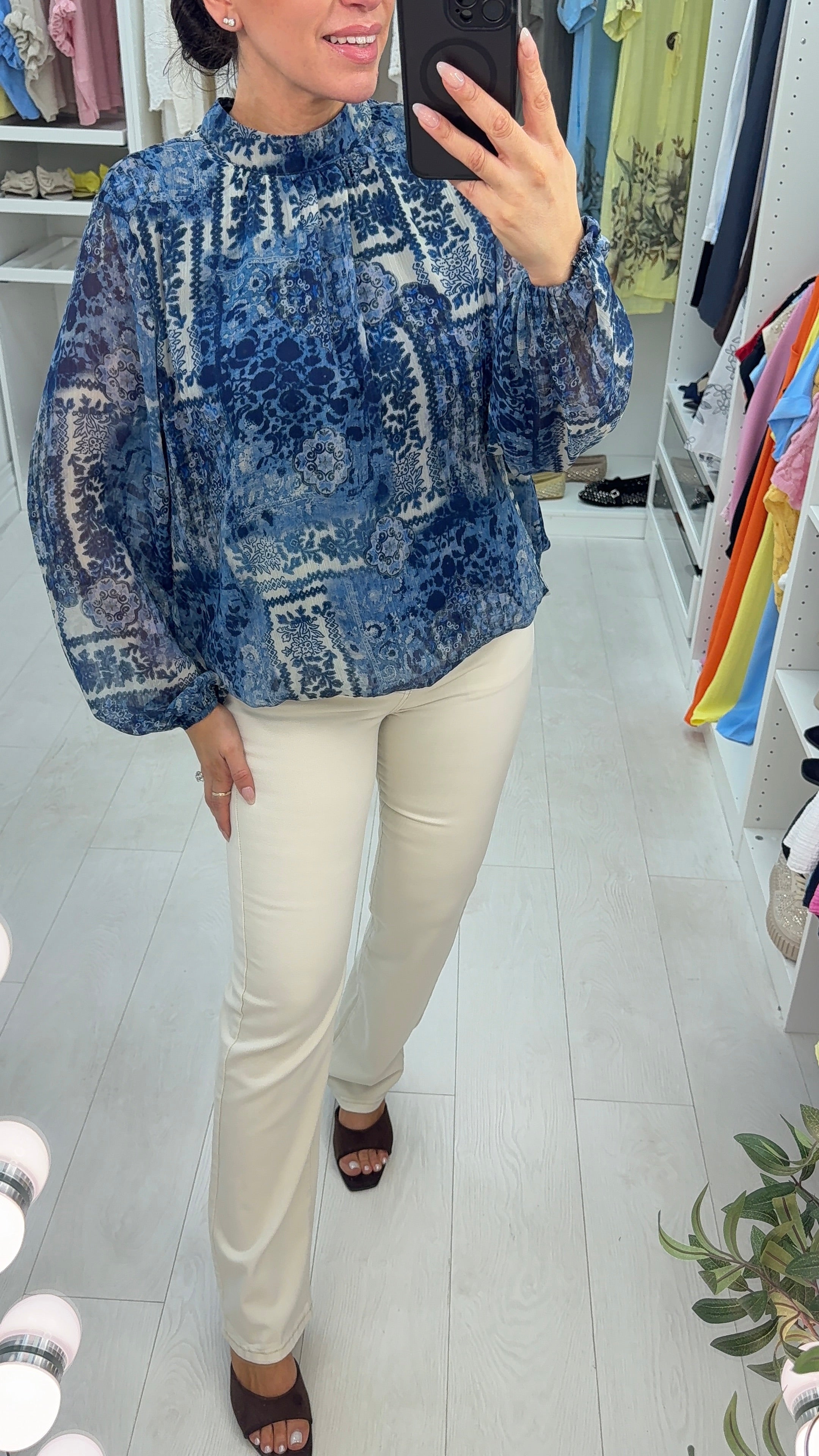 Shirley High Neck Elasticated Bubble Hem Blouse