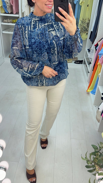 Shirley High Neck Elasticated Bubble Hem Blouse