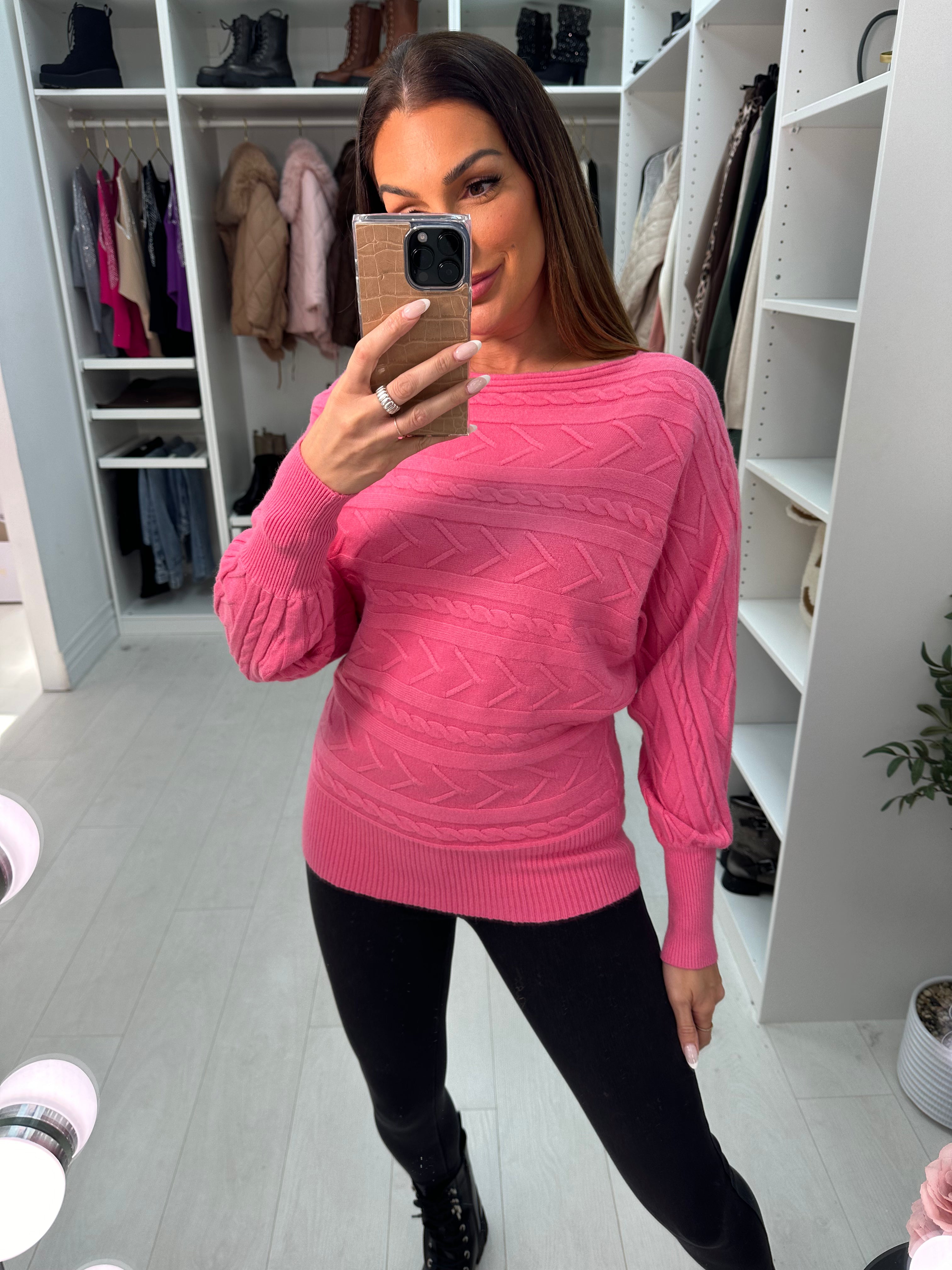 Cerise Textured Batwing Knitted Jumper