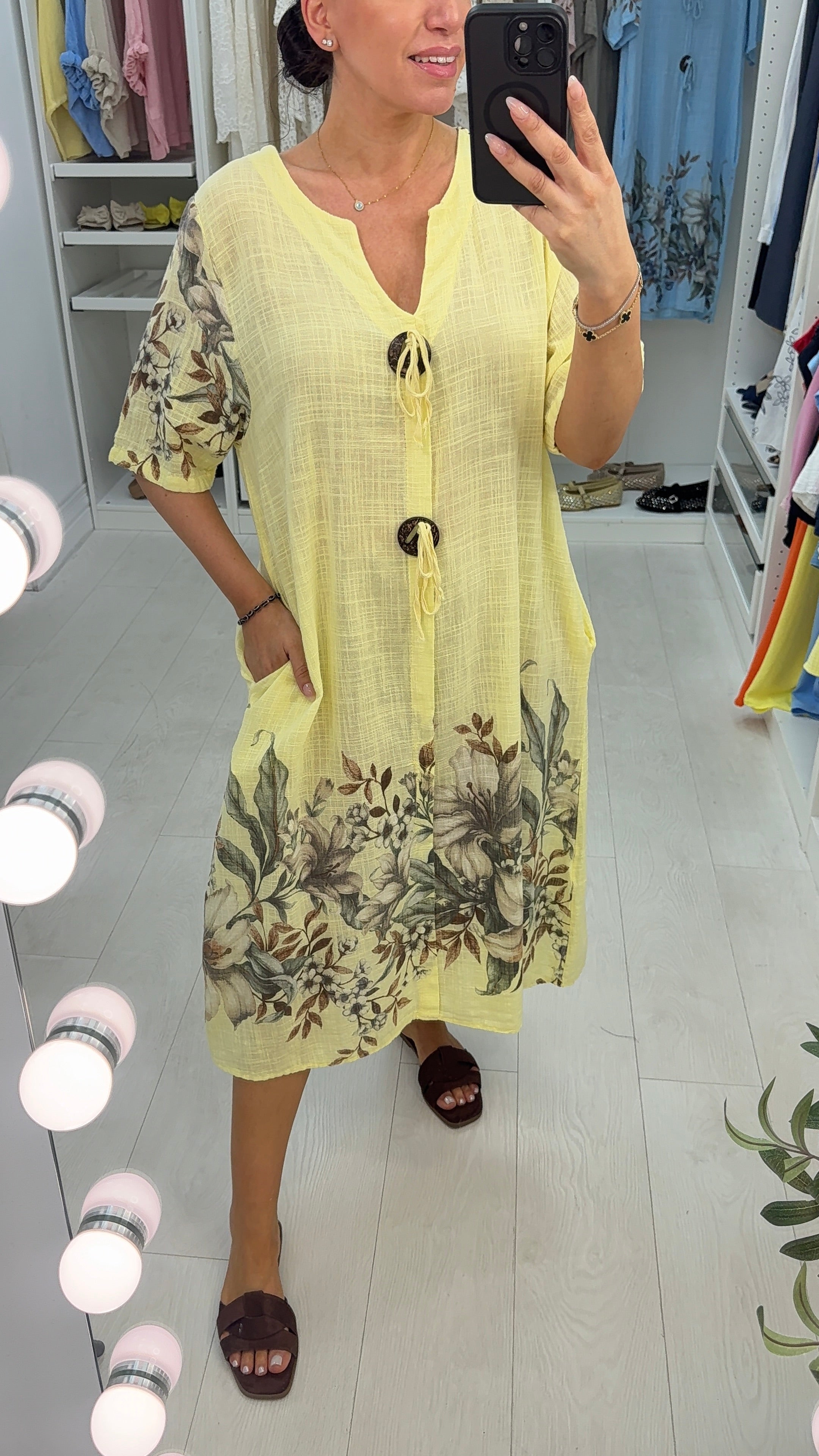 Filomena Floral Print Button Detailed Floaty Midi Dress