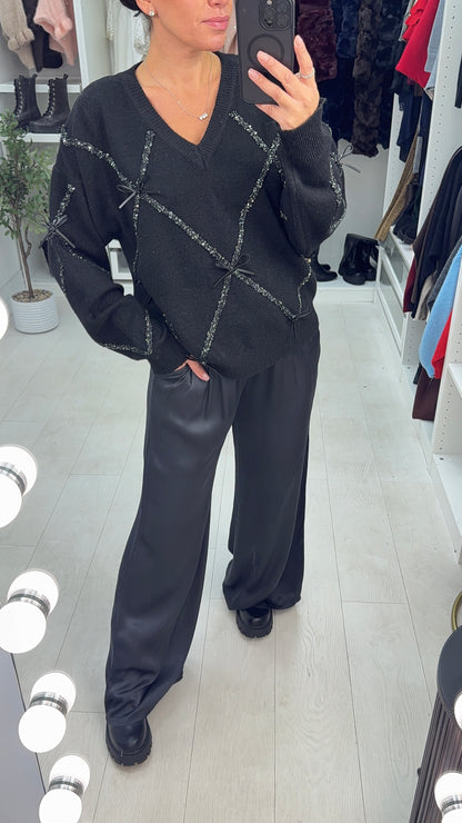 Norie Bow Embellished V Neck Jumper