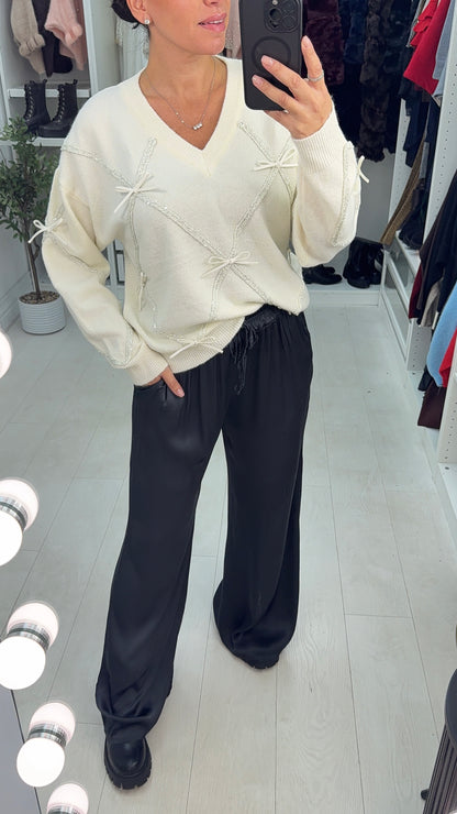 Norie Bow Embellished V Neck Jumper