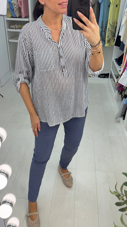 Tilly Striped Button Front V Neck Top
