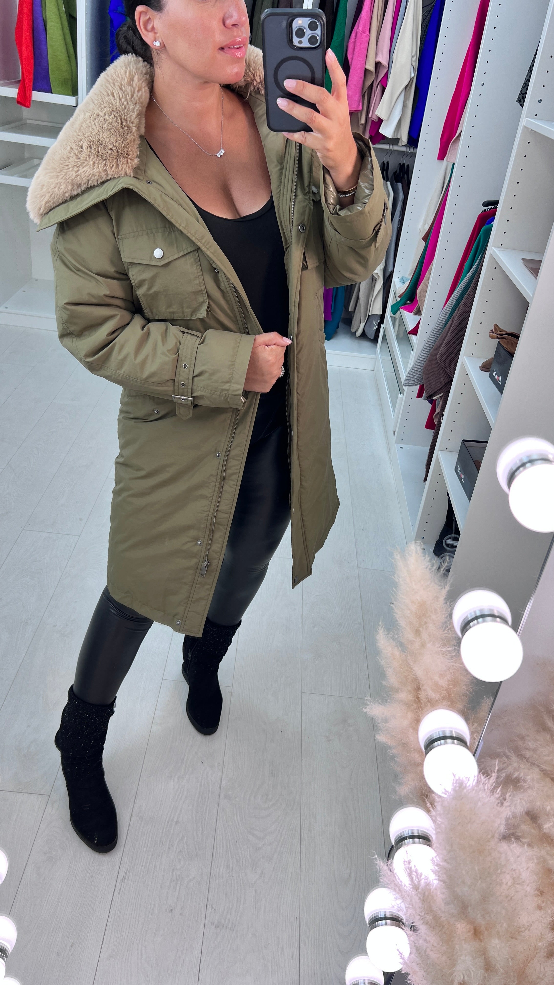Tallulah Khaki Faux Fur Collar Coat
