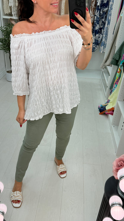 Poppie Plain Textured Bardot Top