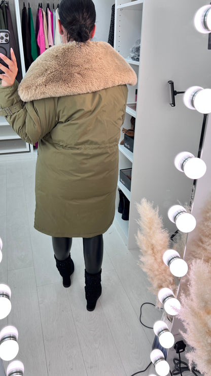 Tallulah Khaki Faux Fur Collar Coat