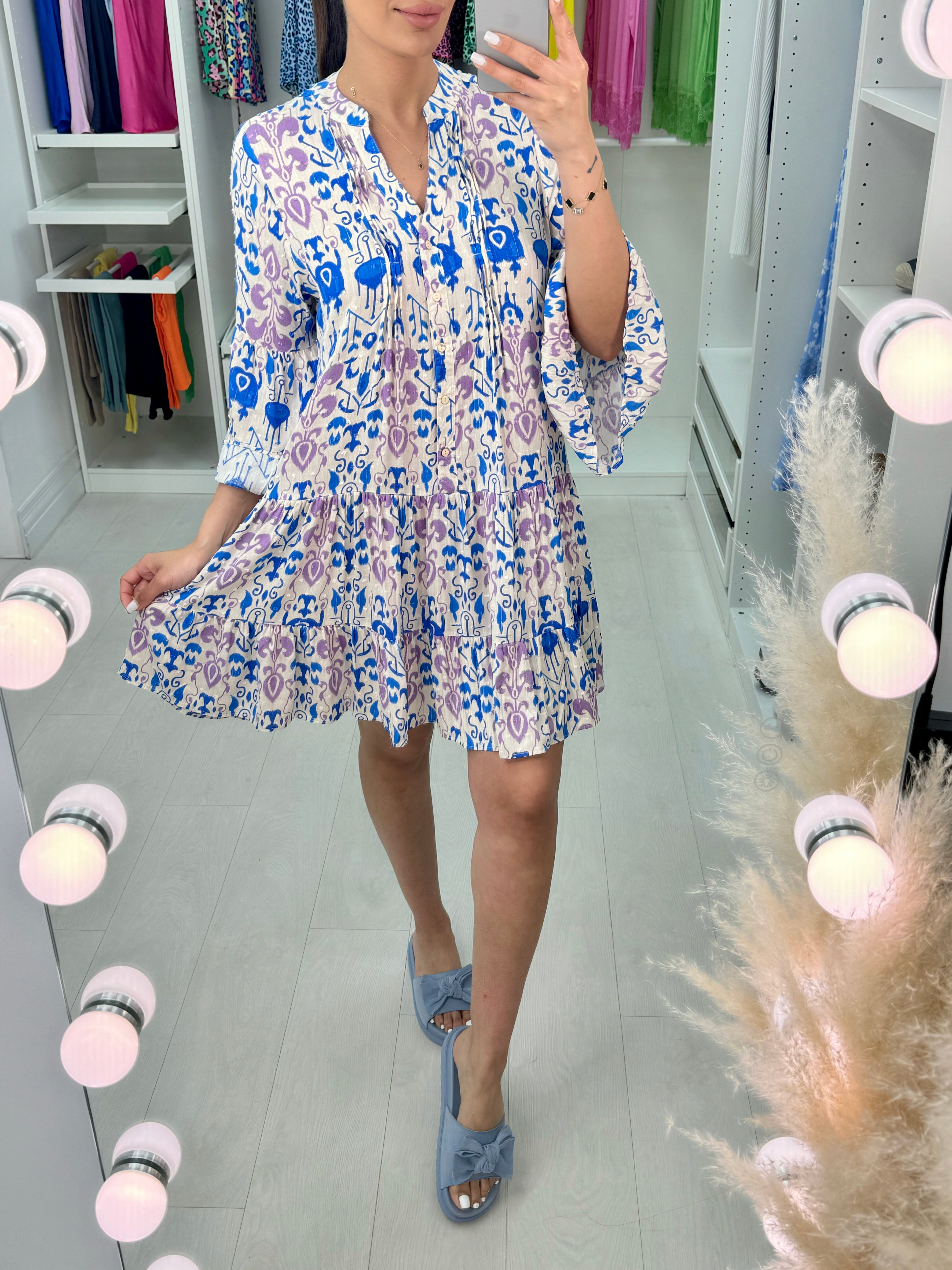 Fiora Pin Tuck Baroque Print Smock Dress