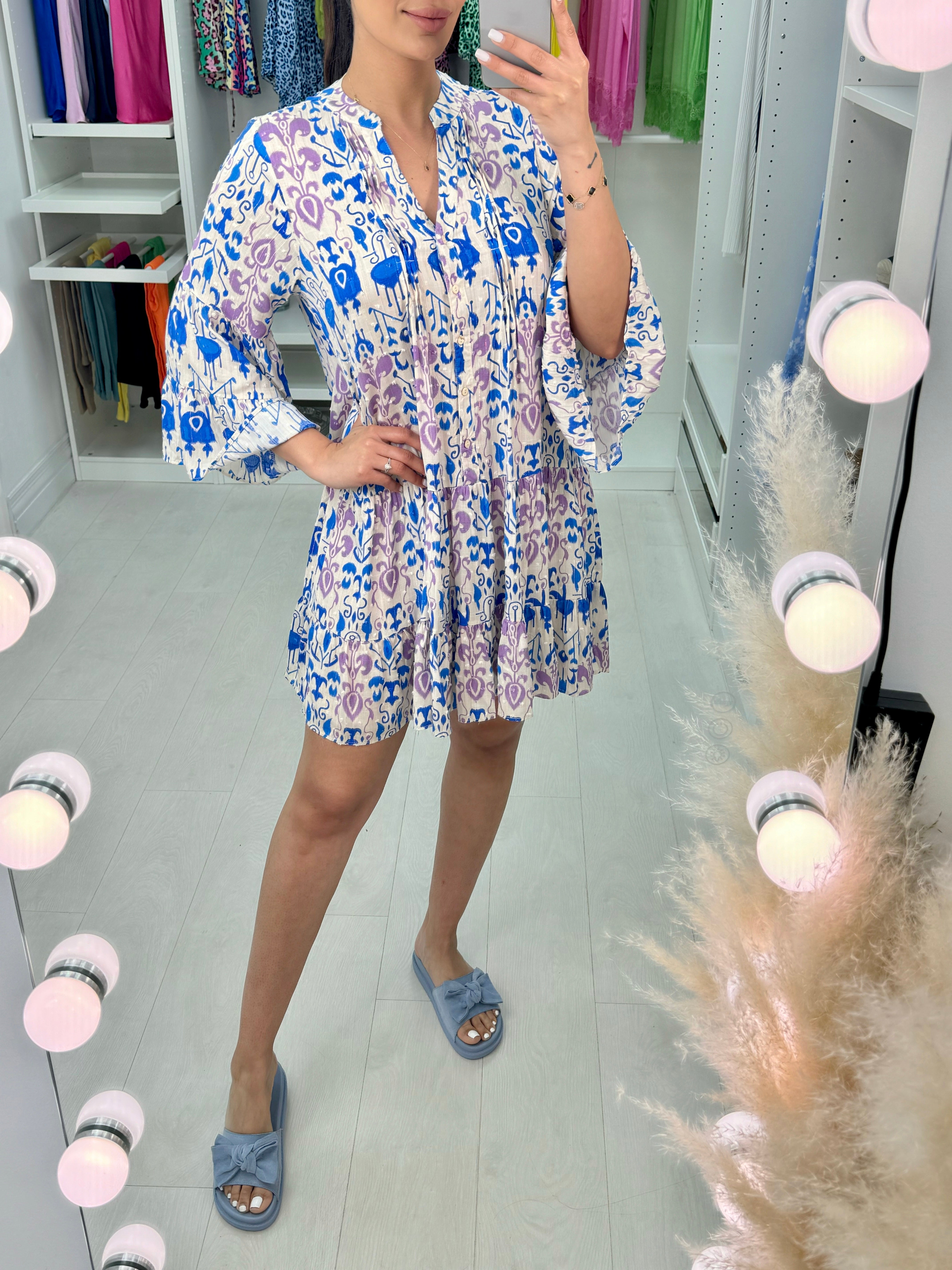 Fiora Pin Tuck Baroque Print Smock Dress