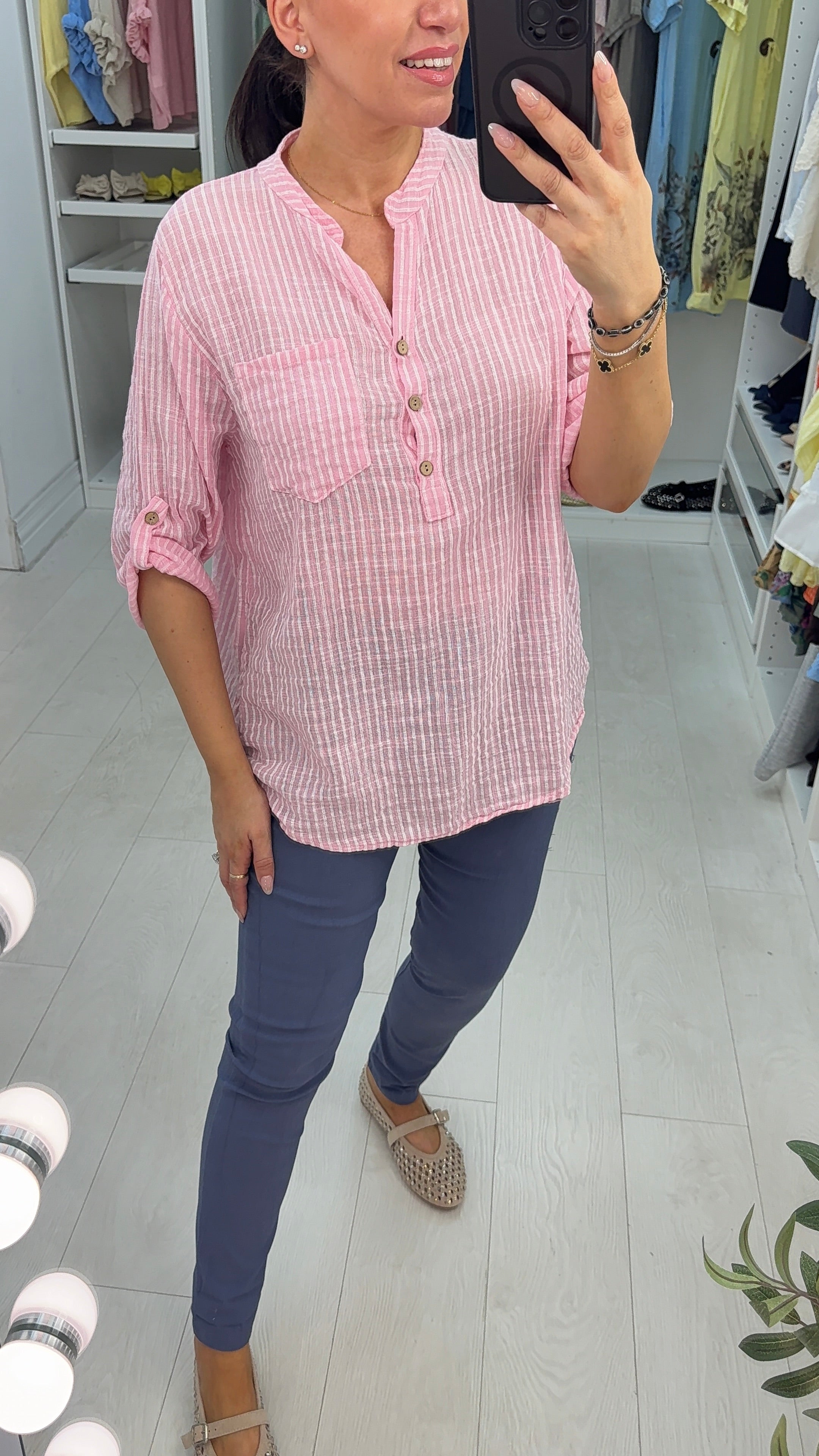 Tilly Striped Button Front V Neck Top