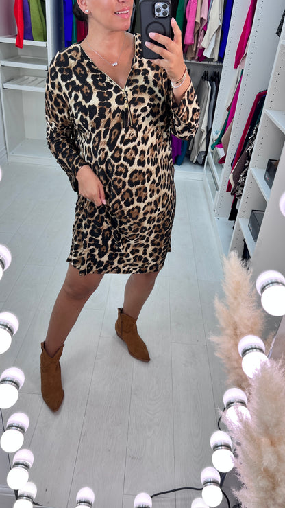 Martita Leopard Print Zip Detail Smock Dress