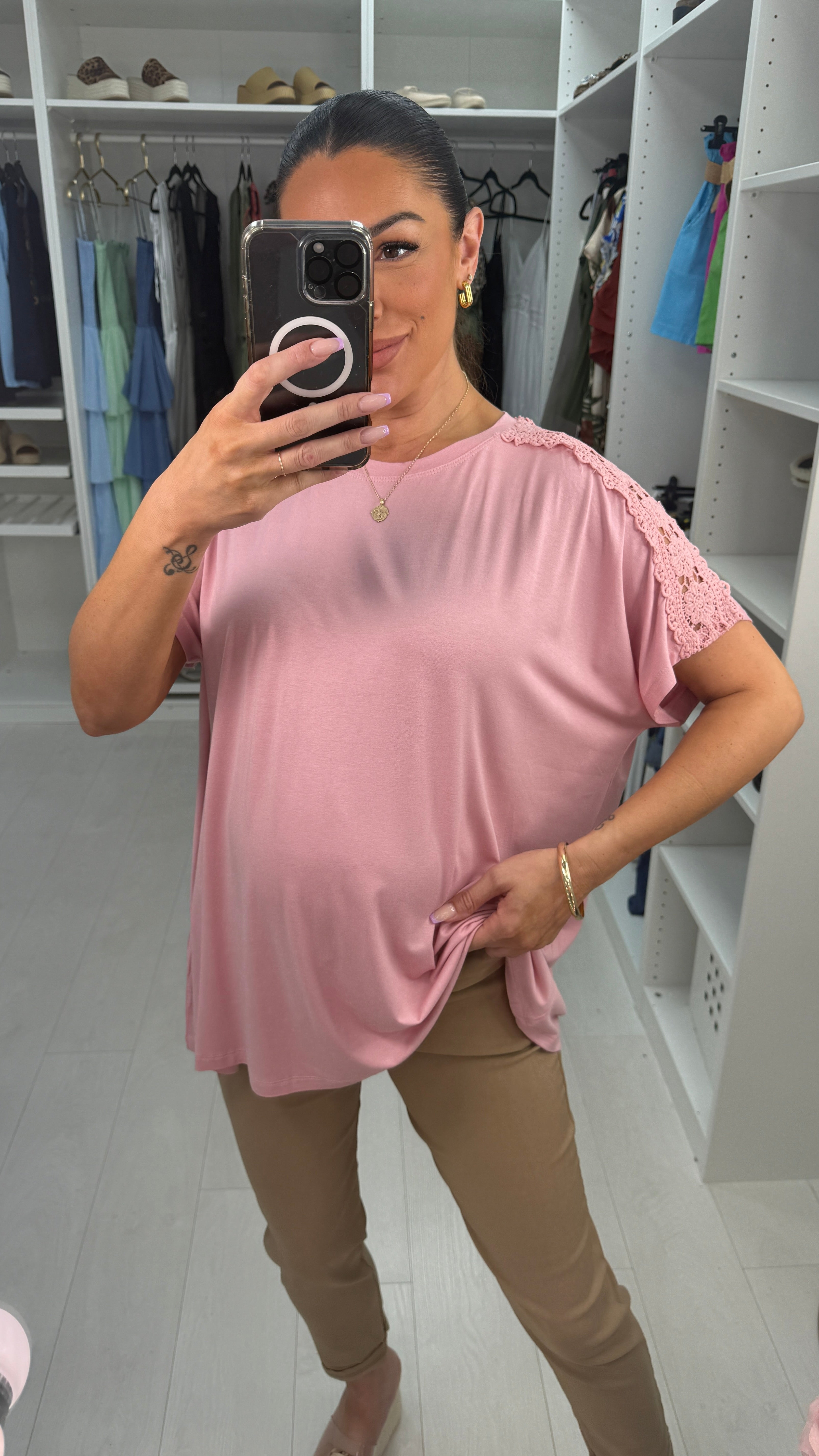 Miley Plain Floral Crochet Detailed T-Shirt