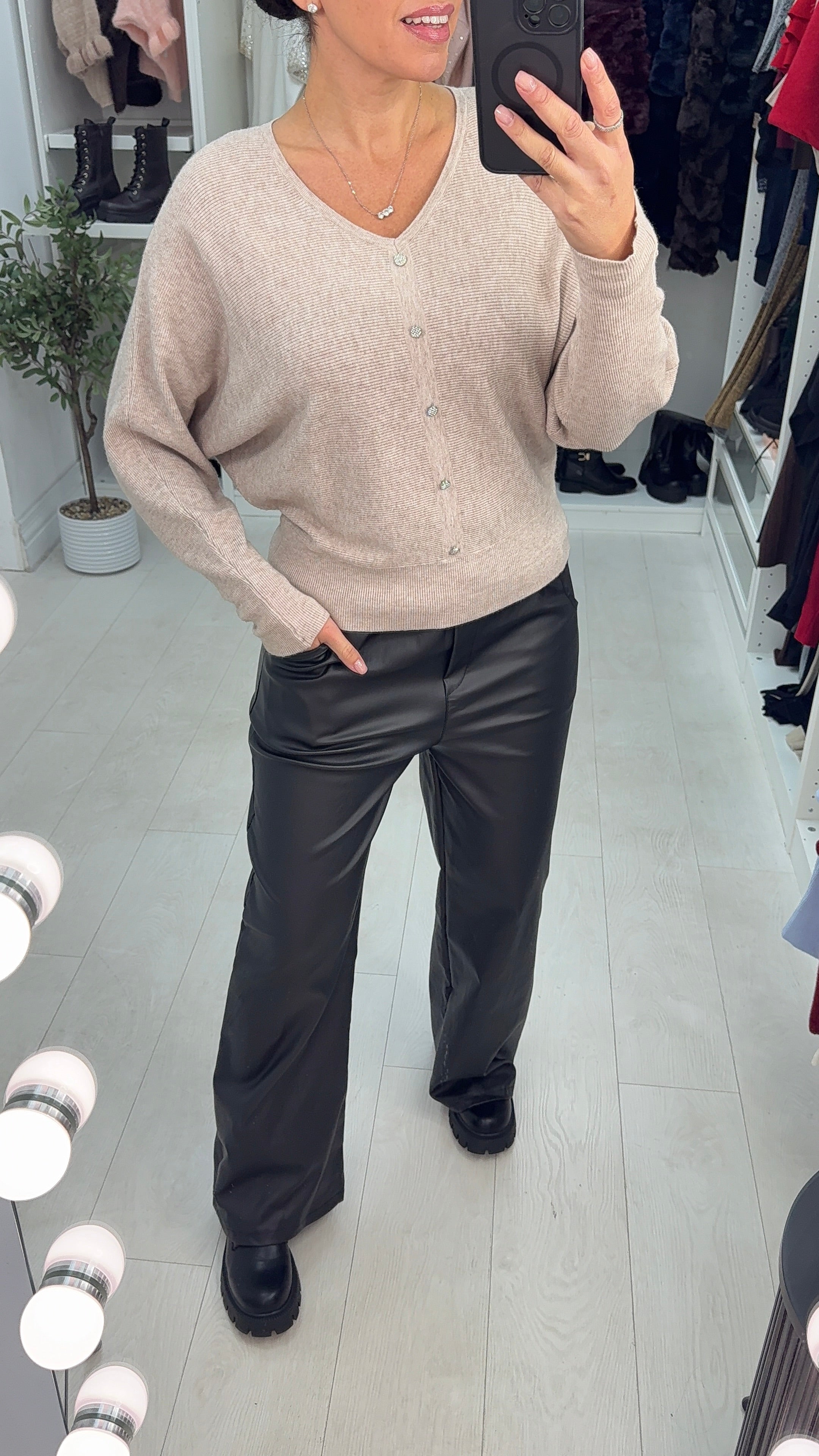 Filiz Ribbed Embellished Button Jumper