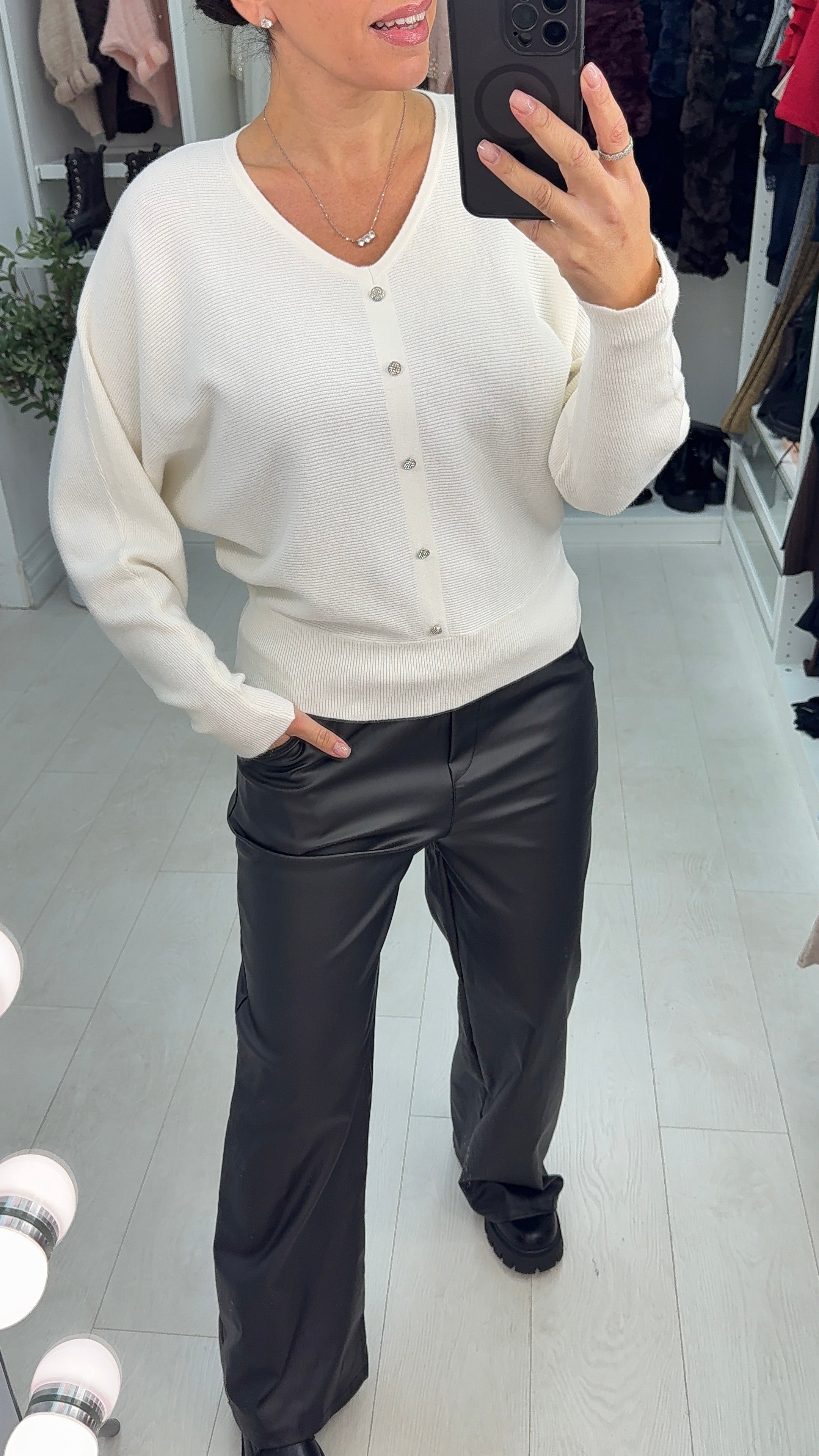 Filiz Ribbed Embellished Button Jumper