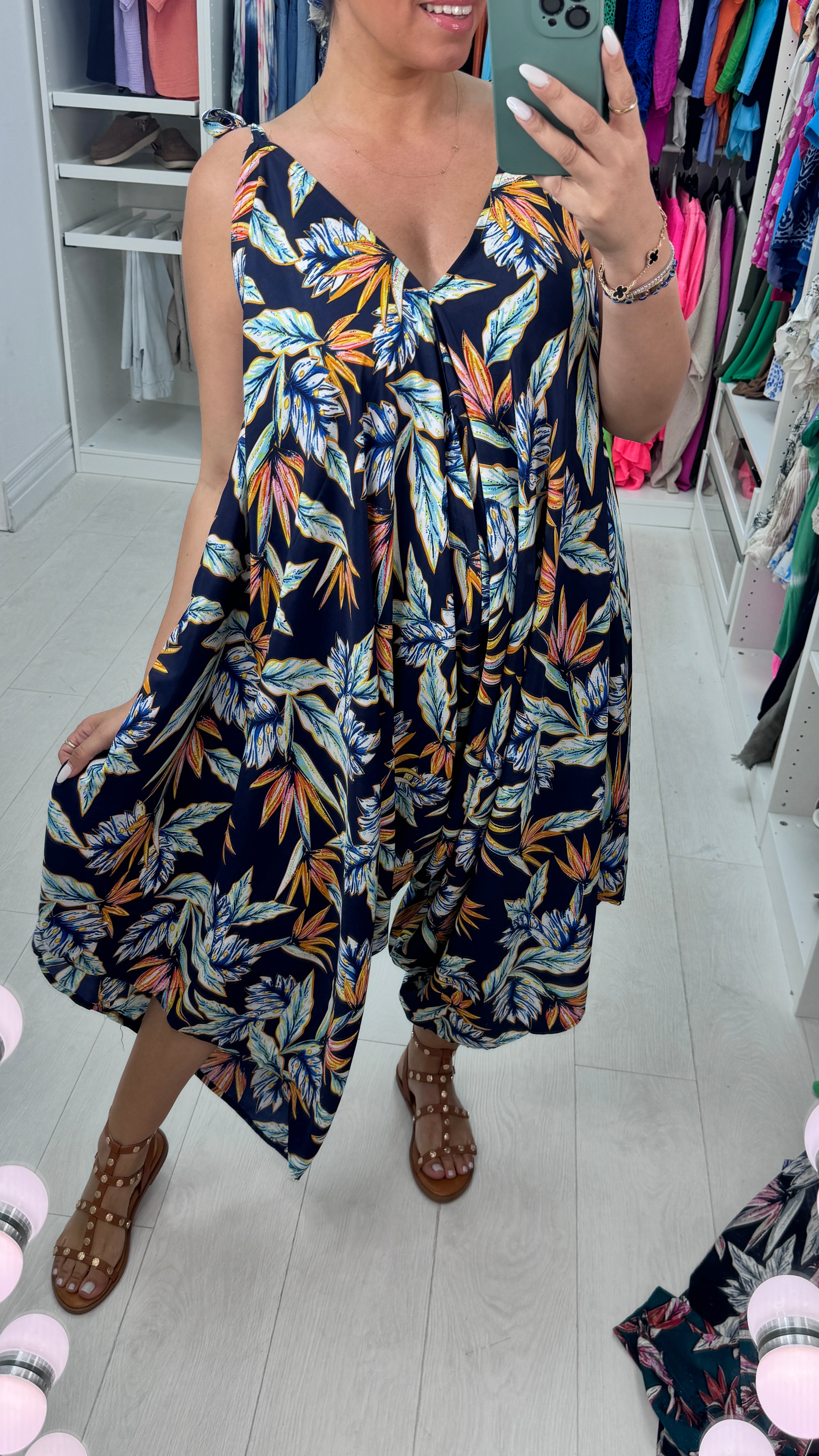 Brianne Leaf Print Loose Fit Harem Jumpsuit