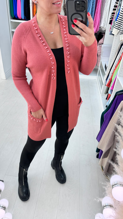 Zahara Longline Pearl Stone Detail Cardigan