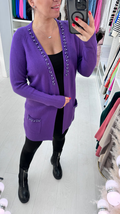 Zahara Longline Pearl Stone Detail Cardigan