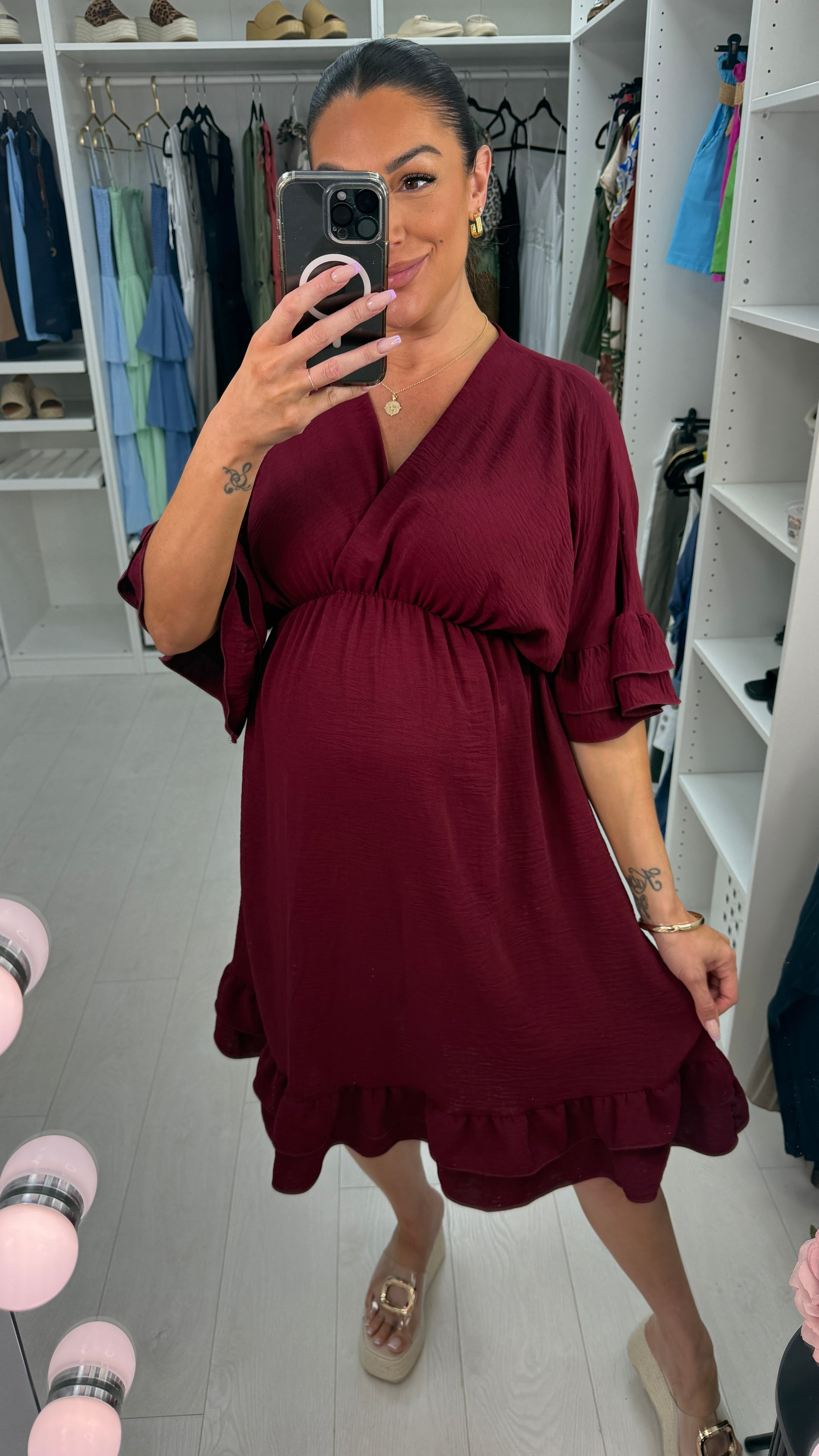 Odessa Plain V Neck Frill Detail Midi Dress